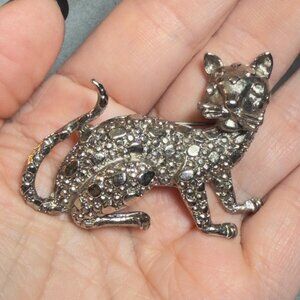 Marcasite Style Cat Brooch Vintage Silver Tone Walking Cat Pin 2 inches